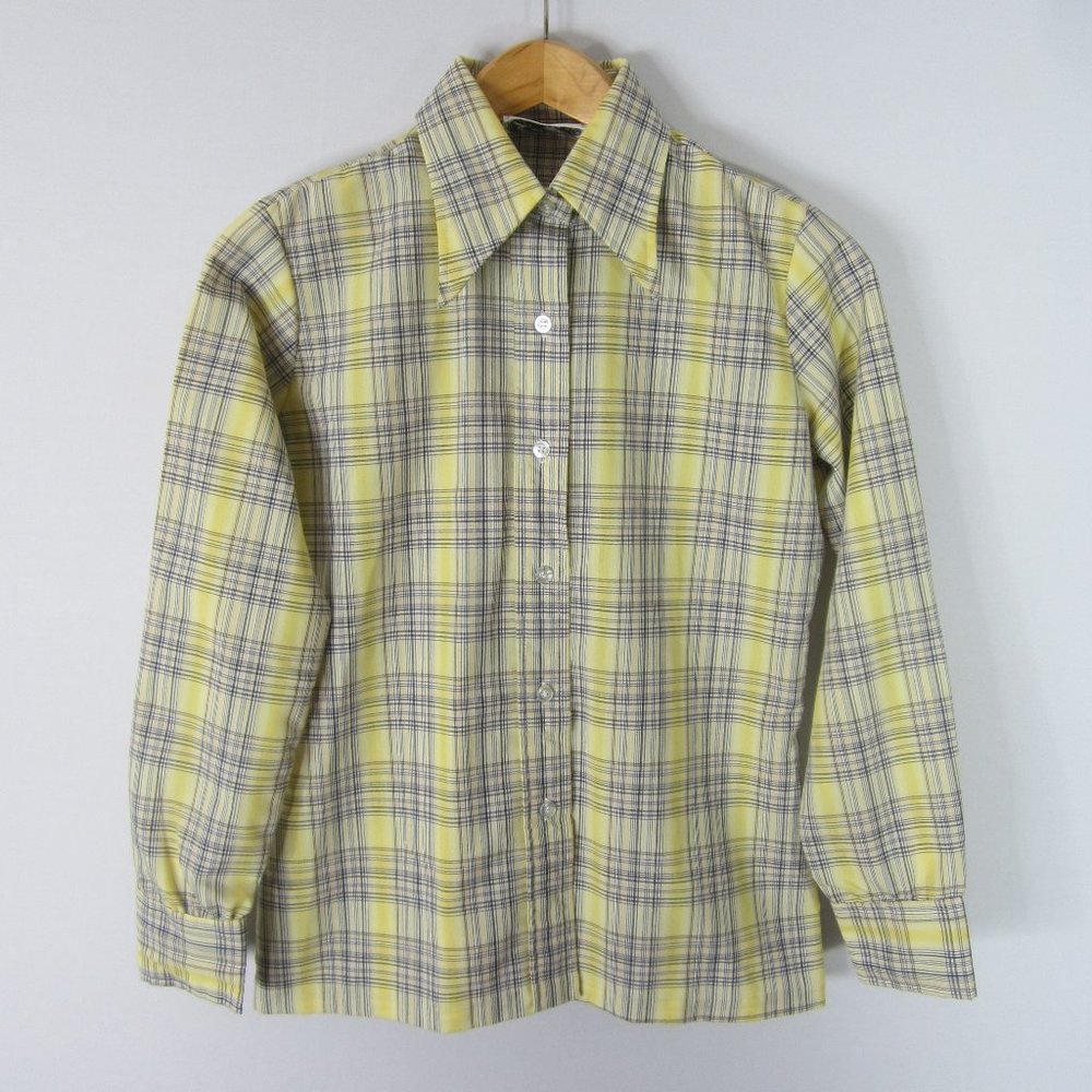 Vtg Emotions M Yellow Plaid Button Down Blouse